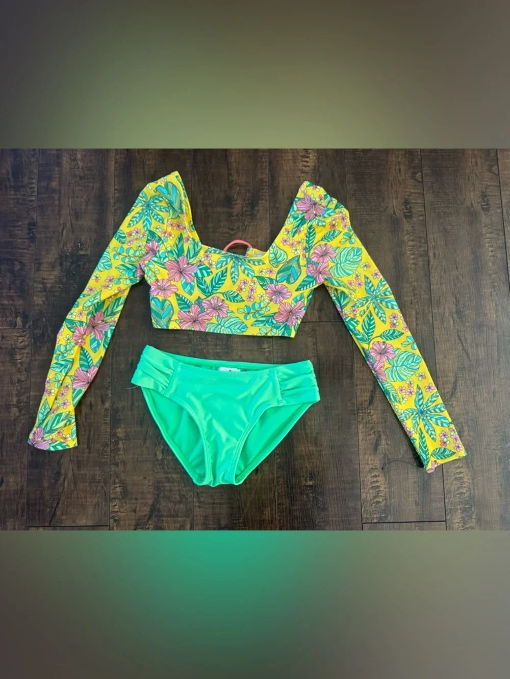 art class Yellow Floral Long-Sleeve Bikini Set with Green Bottoms